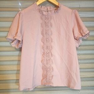 Shein Short Sleeve Rose Pink Blouse With 1 Button Closure In Back, Sz L